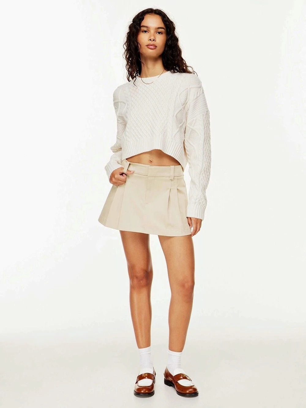 ARITZIA  Sunday Best Rider Mini Skirt - Low-rise pleated (Humus Beige) | SIZE 12